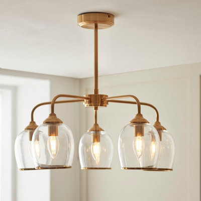 Luminosa Ashcroft Multi Arm Pendant Ceiling Light Brushed Aged Brass Plate & Clear Glass 5x E14