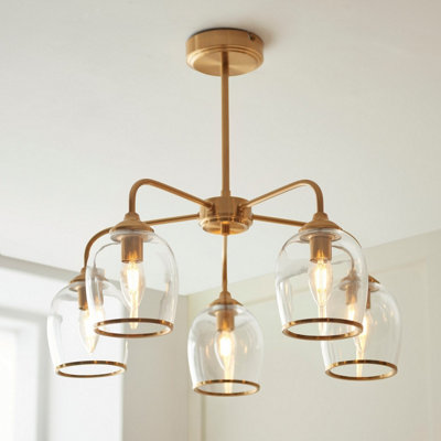 Luminosa Ashcroft Multi Arm Pendant Ceiling Light Brushed Aged Brass Plate & Clear Glass 5x E14