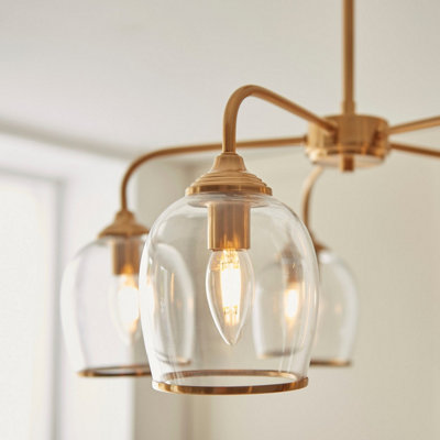 Luminosa Ashcroft Multi Arm Pendant Ceiling Light Brushed Aged Brass Plate & Clear Glass 5x E14