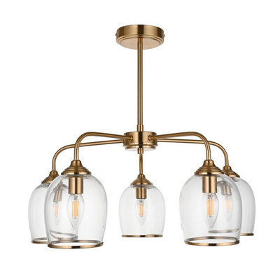 Luminosa Ashcroft Multi Arm Pendant Ceiling Light Brushed Aged Brass Plate & Clear Glass 5x E14