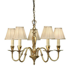 Luminosa Asquith 5 Light Multi Arm Ceiling Pendant Chandelier Solid Brass, Beige organza effect fabric, E14