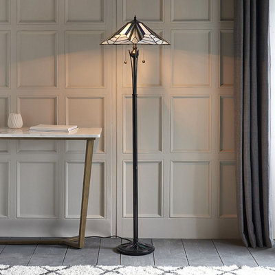 Luminosa Astoria 2 Light Floor Lamp Black, Tiffany Style Glass, E27