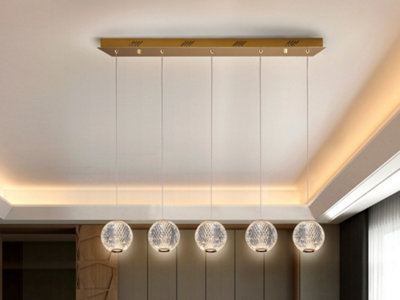 Luminosa Austral Modern Bar 5 Light LED Hanging Pendant Light, Spherical Carved Crystal Globes, 1264lm, 3200K
