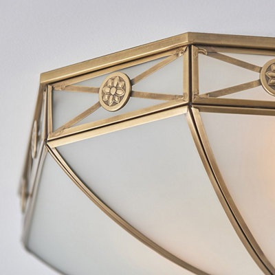 Luminosa Bannerman 4 Light Ceiling Flush Light Antique Brass, Frosted Glass, E27