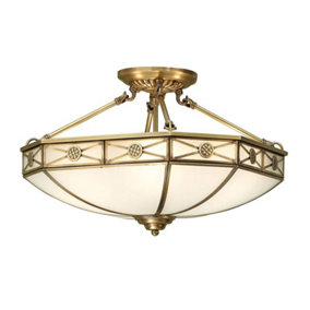Luminosa Bannerman 4 Light Semi Flush Ceiling Light Antique Brass, Frosted Glass, E27