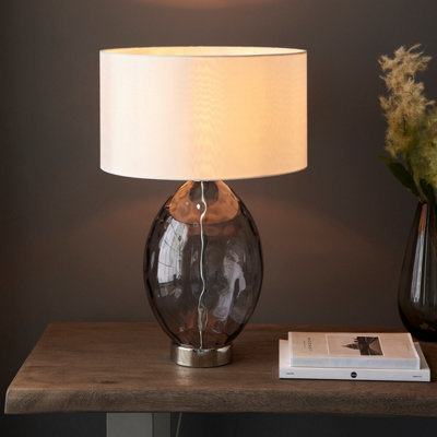 Luminosa Barletta Base & Shade Table Lamp, Grey Tinted Glass, Bright Nickel Plate With Vintage White Fabric