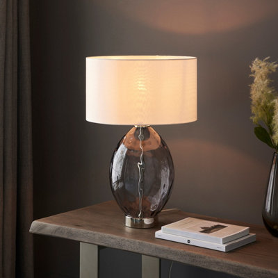 Luminosa Barletta Base & Shade Table Lamp, Grey Tinted Glass, Bright Nickel Plate With Vintage White Fabric