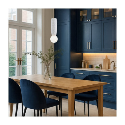 Luminosa Boll Handmade Slim Pendant Ceiling Light Cream, Deep Cobalt Blue Dots G9, IP44