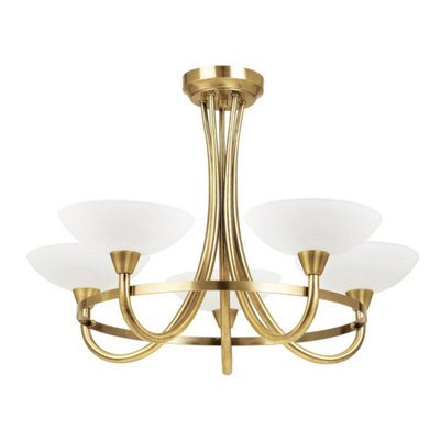 Luminosa Cagney 5 Light Semi Flush Multi Arm Ceiling Light Antique Brass, White Glass, G9