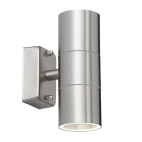 Luminosa Canon 2 Light Outdoor Up Down Wall Light Clear Glass, Polished Stainless Steel IP44, GU10