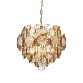 Luminosa Carbonia 6 Light Ceiling Pendant Antique Gold Paint, Clear & Amber Glass