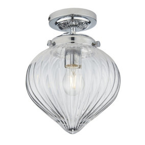 Luminosa Cheston Semi Flush Ceiling Light Chrome, Clear Ribbed Glass Globe Shade, IP44
