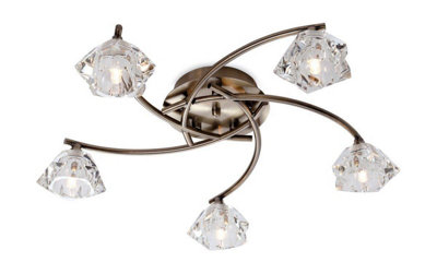 Luminosa Clara 5 Light Flush Multi Arm Ceiling Light Antique Brass, Clear Glass, G9