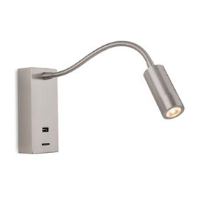 Luminosa Clifton LED Flexi Wall Reading Light & USB Brushed Steel