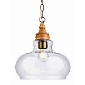 Luminosa Comet 1 Light Dome Ceiling Pendant Natural Wood with Clear Glass, E27