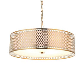 Luminosa Cordero Single Pendant Ceiling Lamp, Gold Effect Plate, White Fabric, Frosted Glass