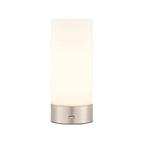 Luminosa Dara 1 Light Table Lamp Brushed Nickel, Matt Opal Duplex Glass, E14