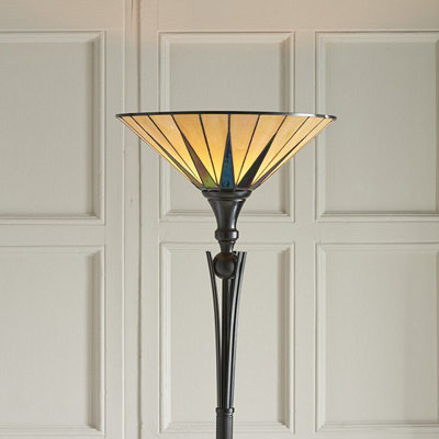 Luminosa Dark 1 Light Floor Lamp Uplighter Black, Tiffany Style Glass, E27