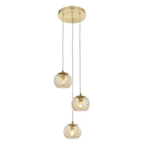 Luminosa Dimple Modern Cluster 3 Light Pendant Brushed Brass, Champagne Glass Shade