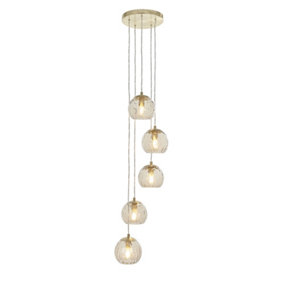 Luminosa Dimple Modern Cluster 5 Light Pendant Brushed Brass, Champagne Glass Shade