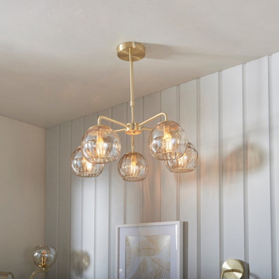 Luminosa Dimple Multi Arm Glass Pendant Light Satin Brass Plate, Champagne Lustre Glass