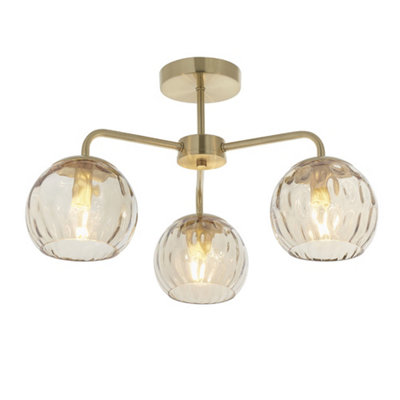 Luminosa Dimple Multi Arm Glass Semi Flush Ceiling Light Satin Brass Plate, Champagne Lustre Glass