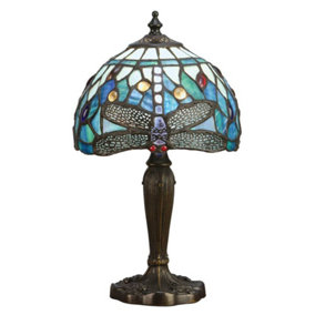 Luminosa Dragonfly 1 Light Table Lamp Dark Bronze, Blue, Tiffany Style Glass, E14