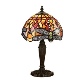 Luminosa Dragonfly 1 Light Table Lamp Dark Bronze, Red, Tiffany Style Glass, E14