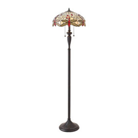 Luminosa Dragonfly 2 Light Floor Lamp Dark Bronze, Beige, Tiffany Style Glass, E27