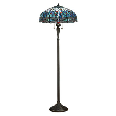 Luminosa Dragonfly 2 Light Floor Lamp Dark Bronze, Blue, Tiffany Style Glass, E27