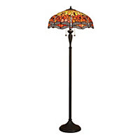 Luminosa Dragonfly 2 Light Floor Lamp Dark Bronze, Red, Tiffany Style Glass, E27