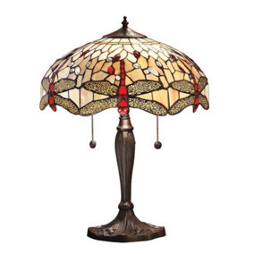 Luminosa Dragonfly 2 Light Medium Table Lamp Dark Bronze, Beige, Tiffany Style Glass, E27