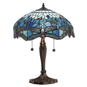 Luminosa Dragonfly 2 Light Medium Table Lamp Dark Bronze, Blue, Tiffany Style Glass, E27