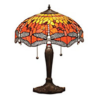 Luminosa Dragonfly 2 Light Medium Table Lamp Dark Bronze, Yellow, Tiffany Style Glass, E27