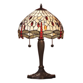 Luminosa Dragonfly 2 Light Small Table Lamp Dark Bronze, Beige, Tiffany Style Glass, E27