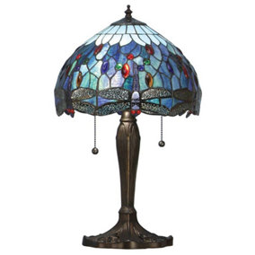 Luminosa Dragonfly 2 Light Small Table Lamp Dark Bronze, Blue, Tiffany Style Glass, E27