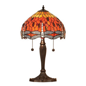 Luminosa Dragonfly 2 Light Small Table Lamp Dark Bronze, Red, Tiffany Style Glass, E27