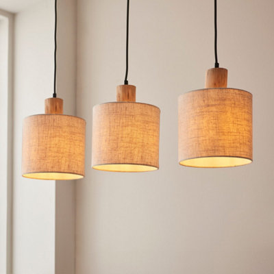 Luminosa Durban Bar Pendant Ceiling Lamp, Natural Eucalyptus Wood, Natural Linen, Matt Black