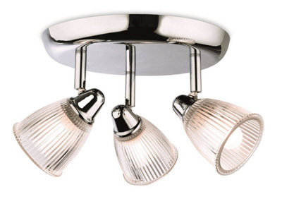 Luminosa Echo 3 Light Bathroom Flush Light Chrome with Clear Ribbed Glass IP44, G9