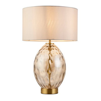 Luminosa Elin Dimple Table Lamp with Round Shade Champagne Lustre Glass, Satin Brass Plate With Vintage White Fabric, 1x E27