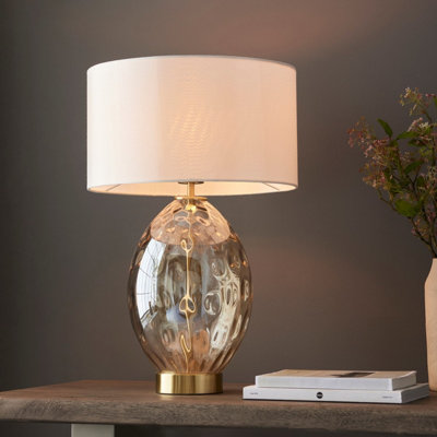 Luminosa Elin Dimple Table Lamp with Round Shade Champagne Lustre Glass, Satin Brass Plate With Vintage White Fabric, 1x E27