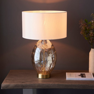 Luminosa Elin Dimple Table Lamp with Round Shade Champagne Lustre Glass, Satin Brass Plate With Vintage White Fabric, 1x E27