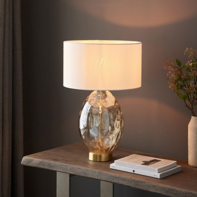 Luminosa Elin Dimple Table Lamp with Round Shade Champagne Lustre Glass, Satin Brass Plate With Vintage White Fabric, 1x E27