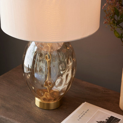 Luminosa Elin Dimple Table Lamp with Round Shade Champagne Lustre Glass, Satin Brass Plate With Vintage White Fabric, 1x E27