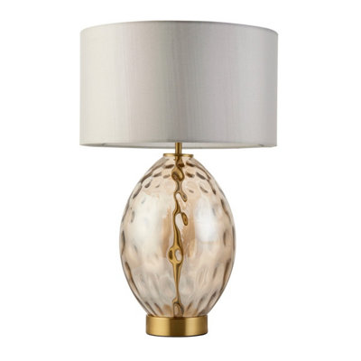 Luminosa Elin Dimple Table Lamp with Round Shade Champagne Lustre Glass, Satin Brass Plate With Vintage White Fabric, 1x E27