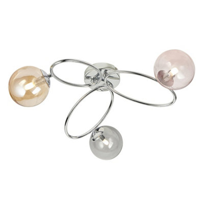 Luminosa Ellipse Semi Flush 3 Light Globe Lamp Chrome, Pink Champagne & Tinted Glass Shades