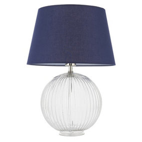 Luminosa Evie Table Lamp Clear Ribbed Glass & Navy Cotton 1 Light IP20 - E27