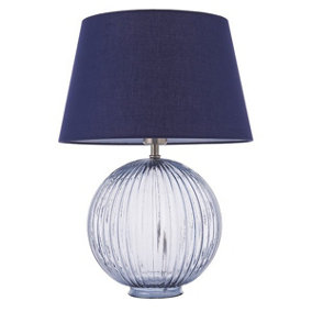 Luminosa Evie Table Lamp Smokey Grey Ribbed Glass & Navy Cotton 1 Light IP20 - E27