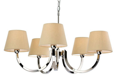 Luminosa Fairmont 5 Light Multi Arm Chandelier Polished Stainless Steel, Cream Linen Shade, E14