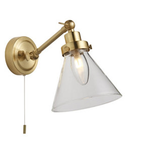 Luminosa Faraday Bathroom Adjustable Dome Wall Light with Pull Cord Satin Brass Glass Shade